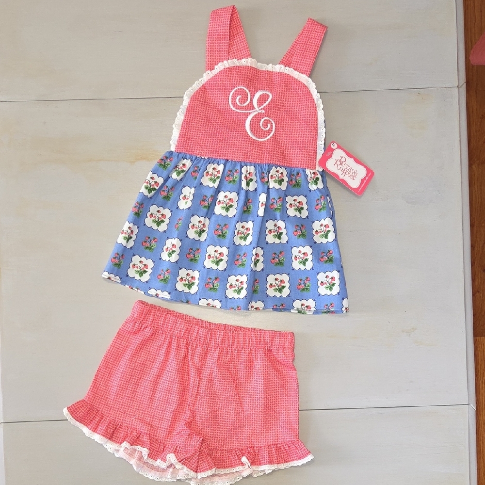 Ricrac & Ruffles Monogram "E"  Red and Blue Floral Toddler Outfit. NWT